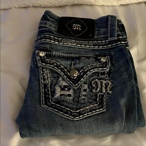 Miss Me Distressed Blue Jeans with Embellished Pockets
